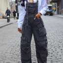 YOOTIKO Women Denim Overalls Jean Jumpsuit Cargo Pants Baggy Straight Leg Bib Jean Romper Streetwear (Black, XXL)