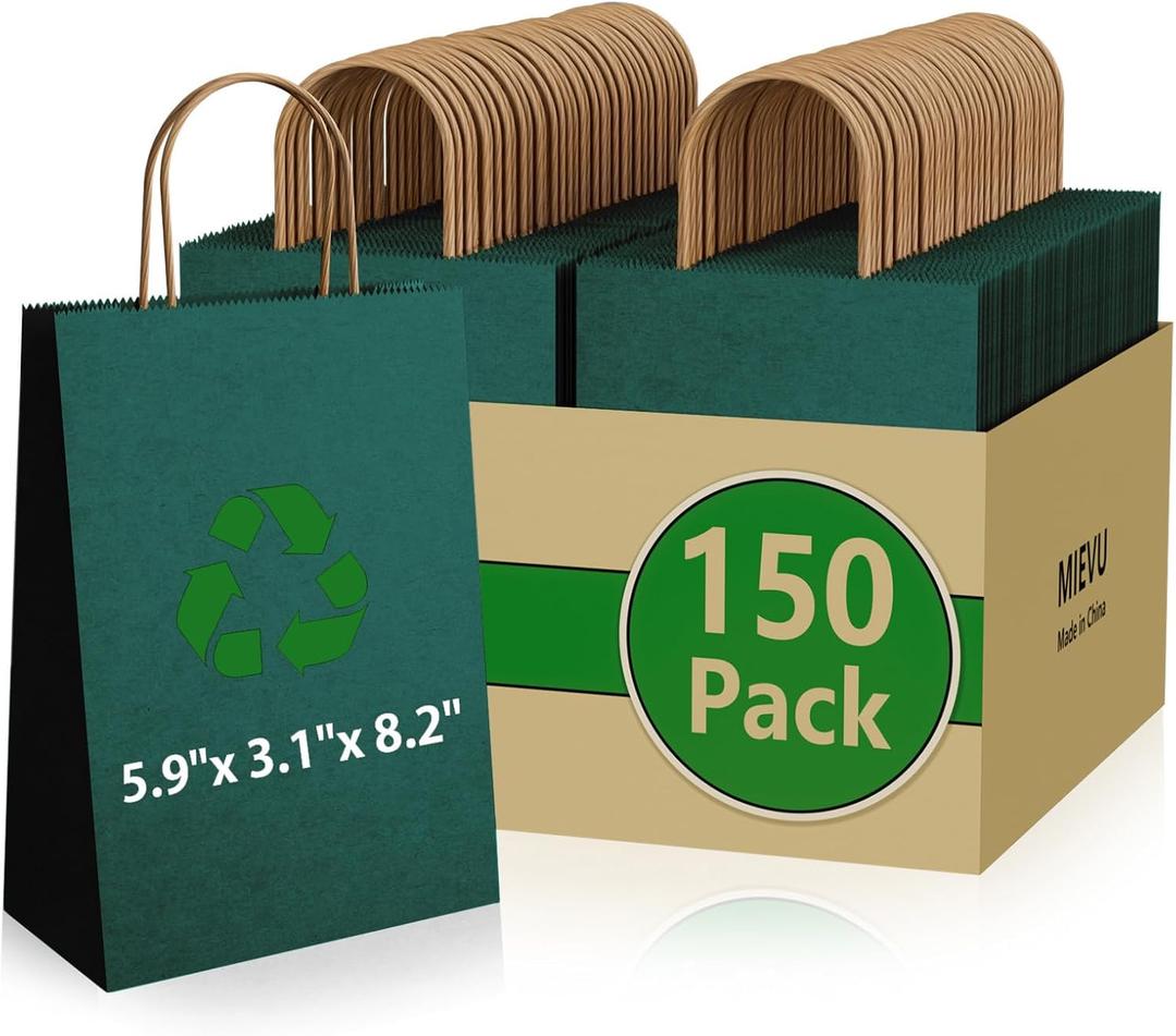 MIEVU 150Pack Small Gift Bags with Handles, 5.9x3.1x8.2 Inch Green Paper Bags (130g More Sturdy Material)  Bulk Christmas Gift Bag, Party Favor Bags, Recyclable Craft Bags for Gifts,Green