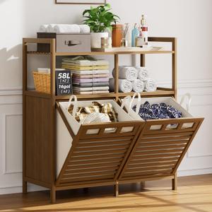 32 Gal Bamboo Tilt Out Laundry Hamper Cabinet with 2 Bag, Walnut