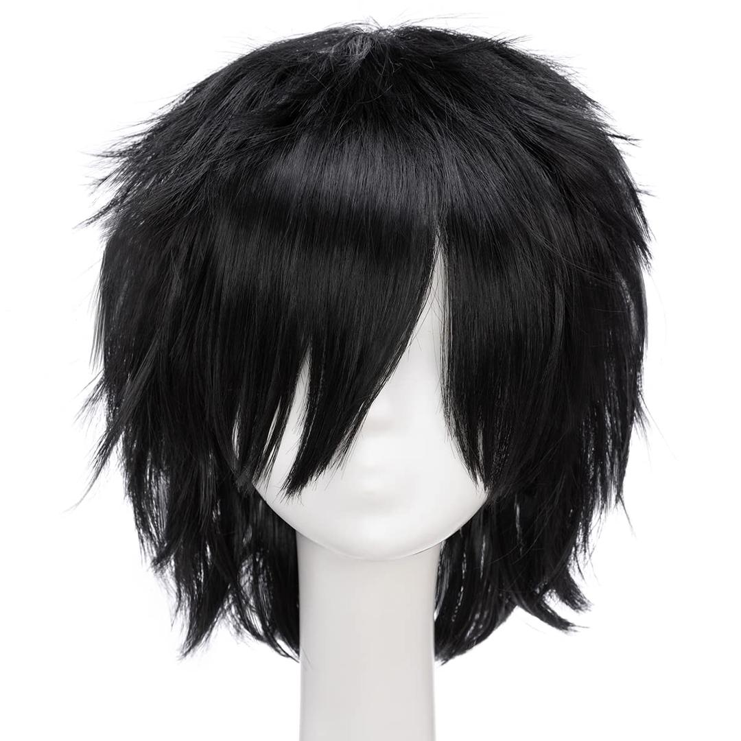 Unisex Women Mens Male Short Black Fluffy Straight Hair Wigs Anime Cosplay Party Dress Costume Synthetic Wig
