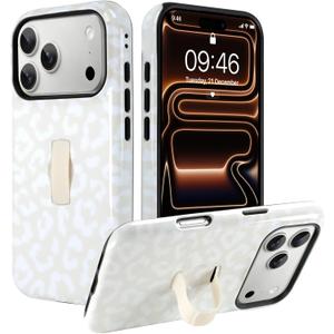 MOWIME Compatible with iPhone 17 Pro Max Case with Finger Strap, White Cheetah Leopard Print Pattern for Women Girls, Slim Shockproof 2 in 1 Silicone TPU Case for iPhone 17 Pro Max 6.9 Inch