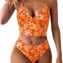 Floerns Women's Floral Print Halter Neck Tankini Top Two Piece Bathing Swimsuit (X-Large, Orange)