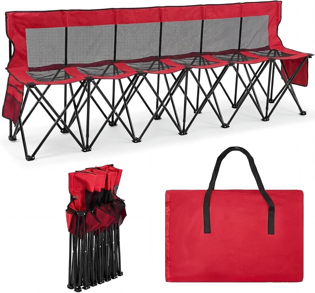 Kigley Folding Soccer Bench Chair Portable Team Sports Sideline Bench for Football Camp Travel Events Outdoor Seating with Storage Bag(Mesh Seat,Red,6 Seats)