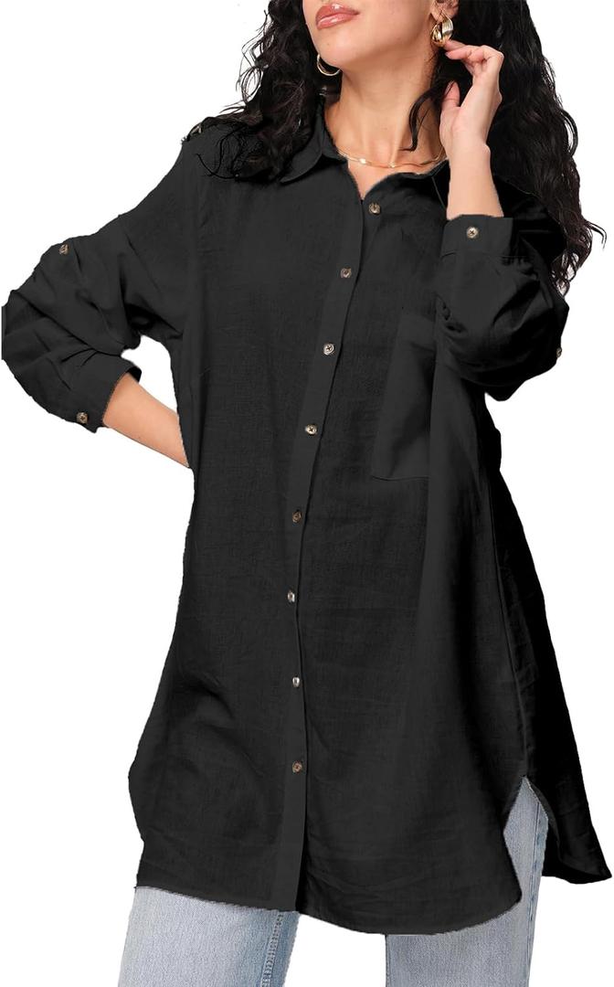 FASHIONSPARK Womens Casual Button Down Shirt Long Sleeve V-Neck Linen Blouse Plus Size Tunic Tops with Pocket Black, Small