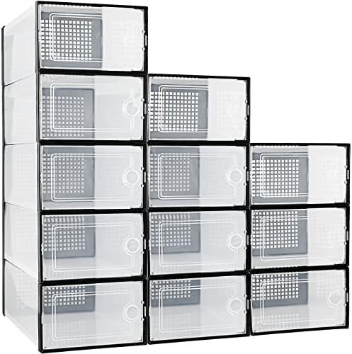 Potahouse 5 Pack Stackable Shoe Storage Boxes Clear Plastic Shoe Organizer for Closet Sneaker Boxes with Lids Under Bed Shoe Storage Containers For Entryway Closet Floor Black