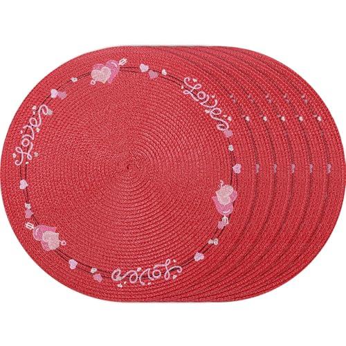 Valentines Day Placemats Set of 6 Table Decorations Indoor Red Heart Embroidered Round Place Mats for Home Wedding Farmhouse Party Decor Kitchen Dinning