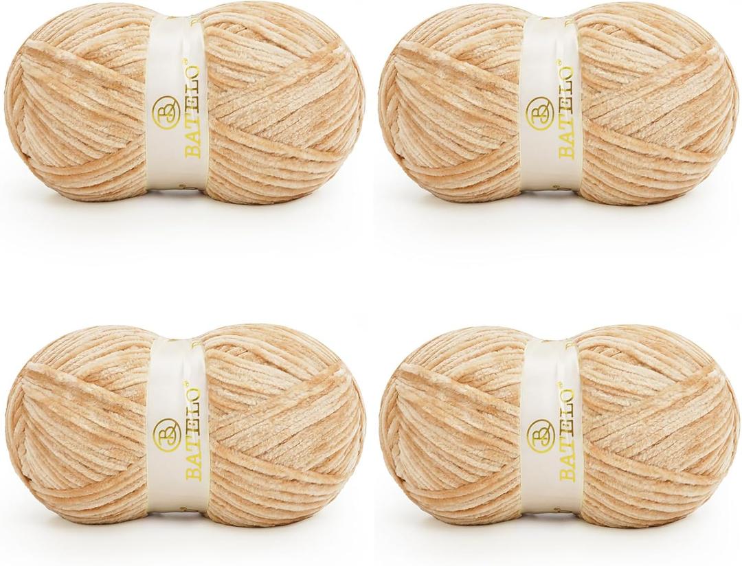 Velvet Chenille Yarn for Crocheting & Knitting 1440 Yards, Soft Thick Fluffy Bulky Blanket Yarn, 4 Pack of 10.5oz (Tan)