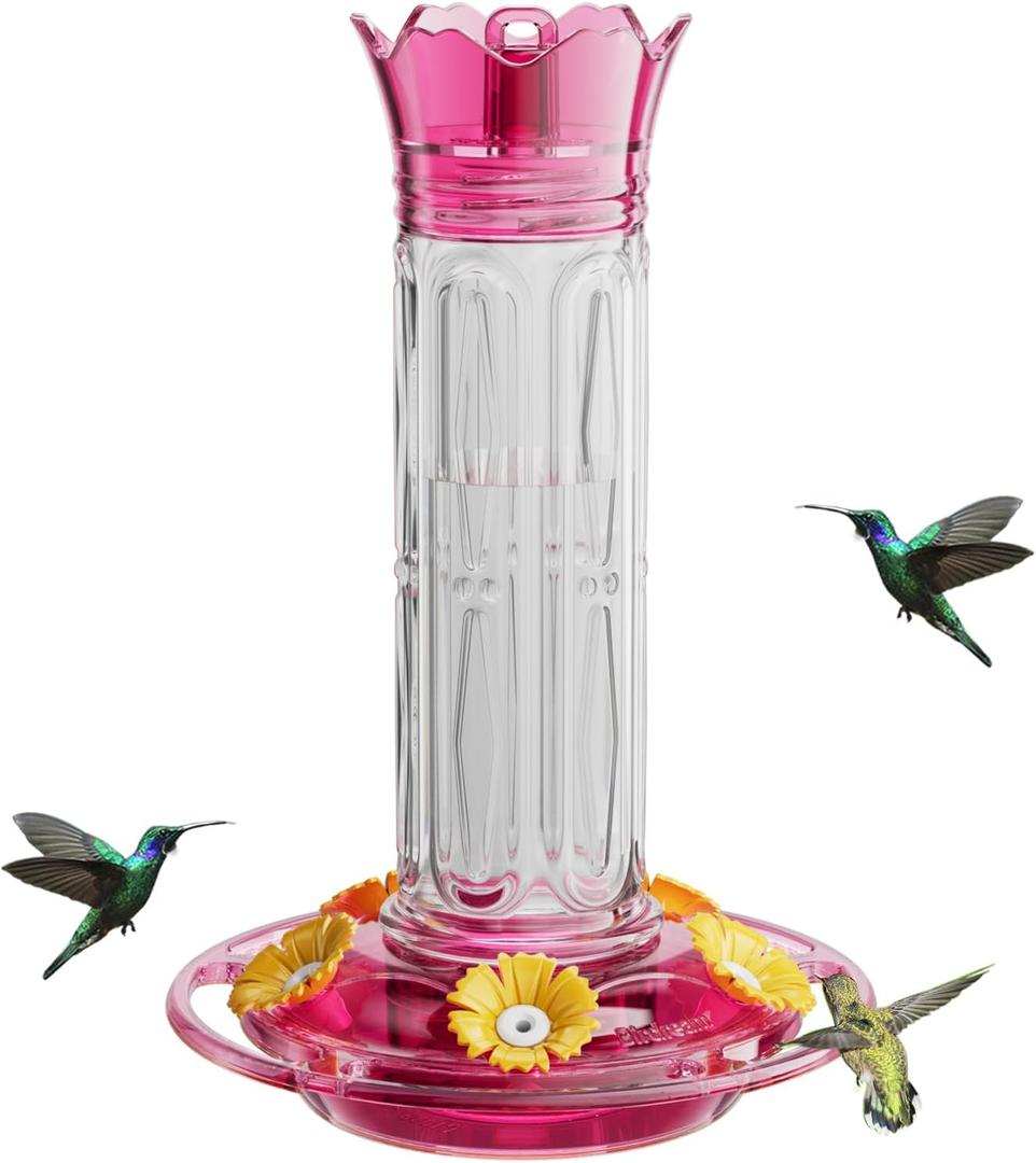 Birdream Hummingbird Feeder for Outdoors Hanging 10 Ounces 5 Feeding Ports, Plastic Hummingbird Feeders with Ant Moat Leak Proof - Pink