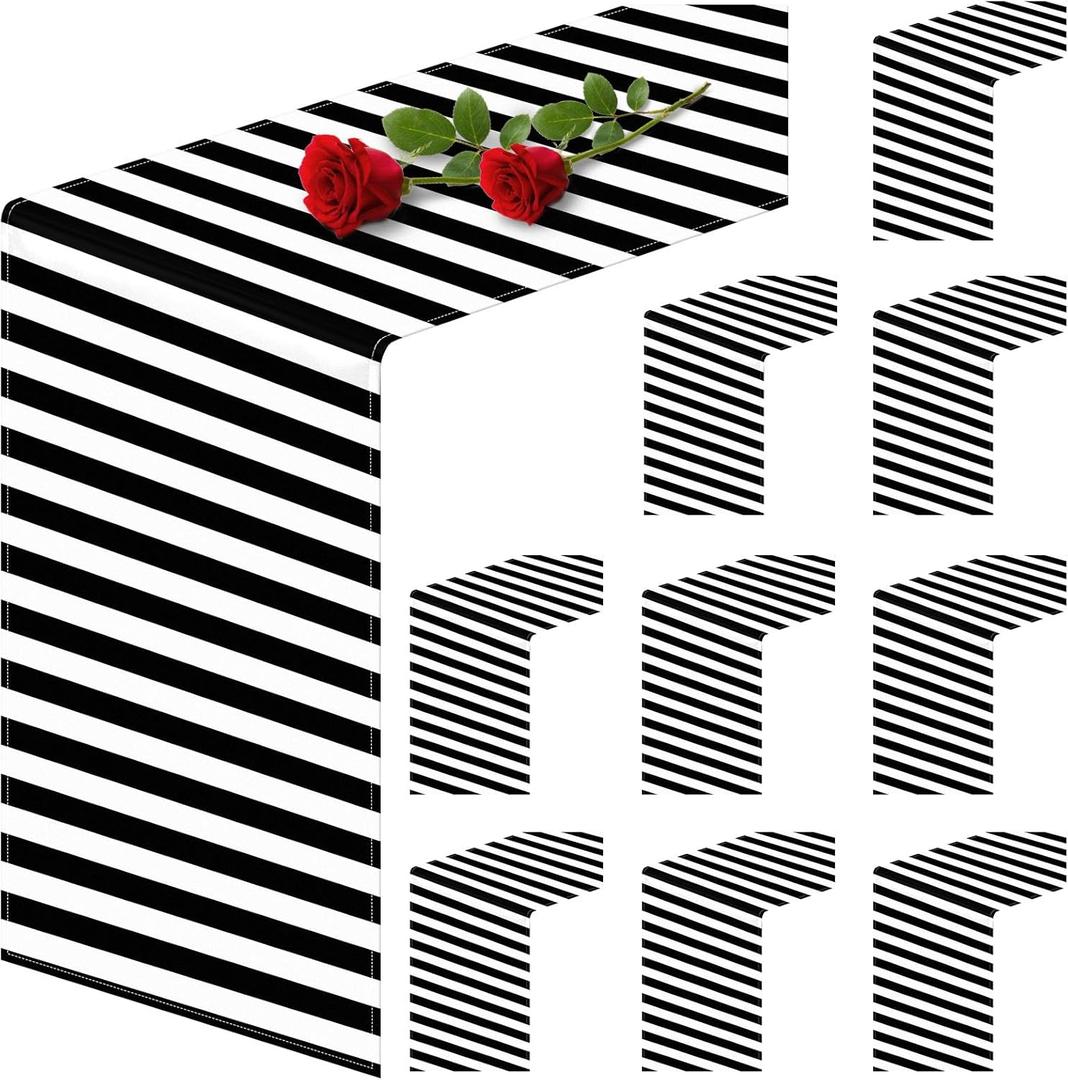 10 Pack Horizontal Striped Table Runner Polyester Table Decor Classic Black and White Horizontal Striped Table Runner Modern Elegant Design for Indoor Outdoor Banquet Party Wedding (12 x 108 Inch)
