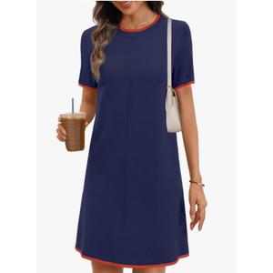MEROKEETY Women's 2025 Summer Short Sleeve Mini Dress Casual Crewneck Color Block Knit Dresses Size (Small)