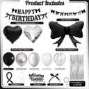 Black Bow Birthday Decorations, Coquette Bow Black and White Silver Balloons with Happy Birthday Banner Fringe Curtain Cake Toppers for Women Girls Baby Shower Party Supplies