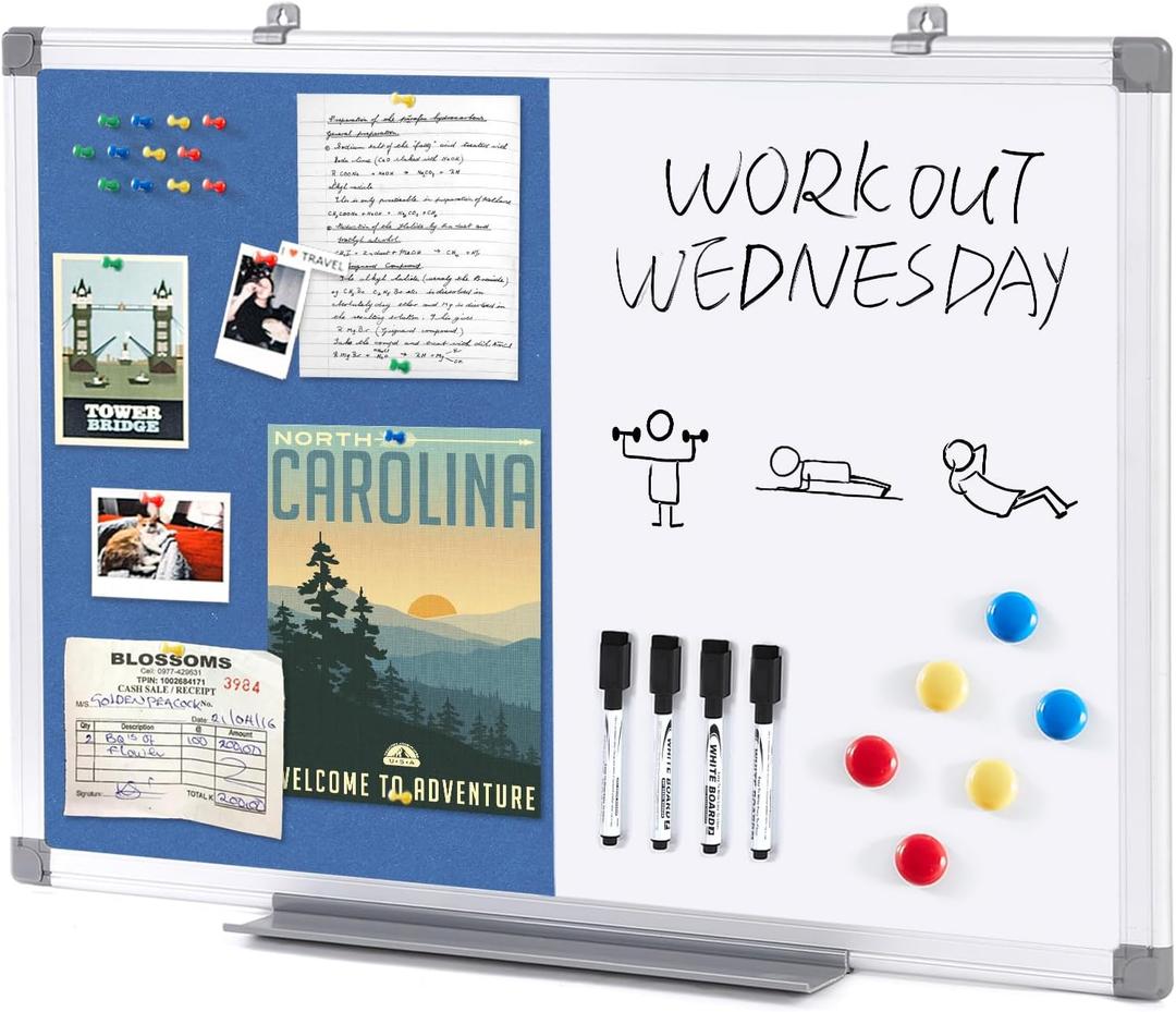 S SWANCROWN Combination Whiteboard and Bulletin Board, Dry Erase & Magnetic, Blue Felt & Aluminum Frame, 24x18inches, Modern Professional, Office Products (24x18inches, Blue-vertical)