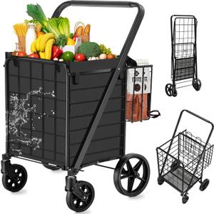 Spurgehom Grocery Cart on Wheels Folding Shopping Carts for Groceries 140L Jumbo with Removable Liner and Double Basket, 360 Rolling Laundry Cart Lightweight Trolley for Seniors 400 LBS Capacity