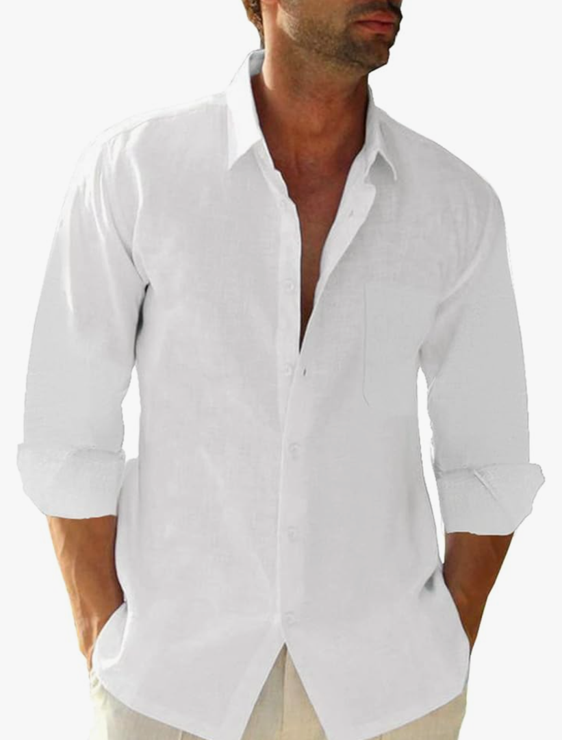 Button Down Linen Shirts for Men Casual Long Sleeve Regular Fit Cotton Beach Shirts with Pocket Size S