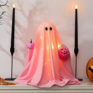 Yookeer Light up Ghosts Halloween Decorations Indoor Spooky Ghosts with Adjustable Arm Position Pumpkins and Baskets Halloween Table Decor for Home Room Kitchen Office Haunted(Pink, Cute)