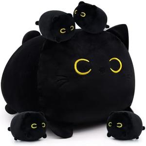 LSYDCARM Cat Stuffed Animals with Babies, Black Cat Plush with Babies, Mommy Cat with 4 Baby Kittens Kawaii Black Cat Plushie Toy Birthday Gifts for Kids Boys Girls