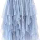Tulle Skirts for Women Midi Long Fairy Skirt Tutu A-Line Mesh Layered High Elastic Waist Halloween Skirts (One Size, W-blue Sequin)