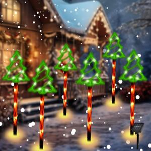 Kazheon Solar Christmas Pathway Lights 6 in 1 Xmas Tree Candy Light with 8 Modes, Waterproof LED Garden Stake Light for Walkway Yard Lawn Porch Holiday Outdoor Decor (Green)
