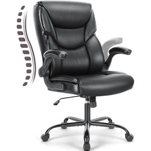 DUMOS Office Chair - Ergonomic Executive Computer Desk Chairs with Adjustable Flip-up Armrest, Swivel Task Chair with Lumbar Support, Strong Metal Base, PU Leather, Black