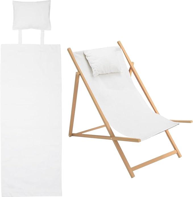 GORGECRAFT 1Pcs Beach Sling Chair Canvas with Pillow White Replacement Deck Chairs Canvas Cloth Fabric Outdoor Folding Lounge Chair for Patio Outdoor Sunbathing Garden Courtyard