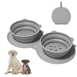 Premium Silicone Collapsible Dog Bowl with Carabiner Clip, 2-in-1 Foldable Double Pet Food & Water Travel Bowl, Portable No-Spill Design for Walking Hiking Camping, for Small Medium Dogs