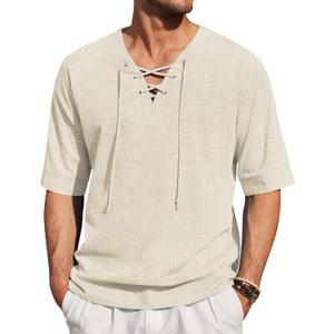 COOFANDY Men Linen Cotton Shirt Beach Lace Up V Neck Shirts Hippie Viking Meditation Tunic (X-Large, Beige)