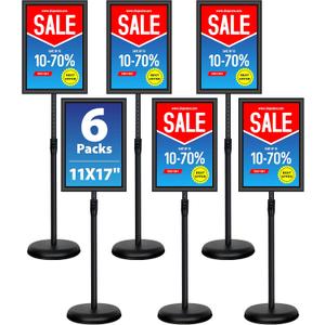6Packs 11x17 Inch Adjustable Pedestal Poster Sign Stand, Heavy Duty Floor Standing Sign Holder Stand Aluminum Snap Open Frame for Vertical and Horizontal View Sign Displayed(Black)