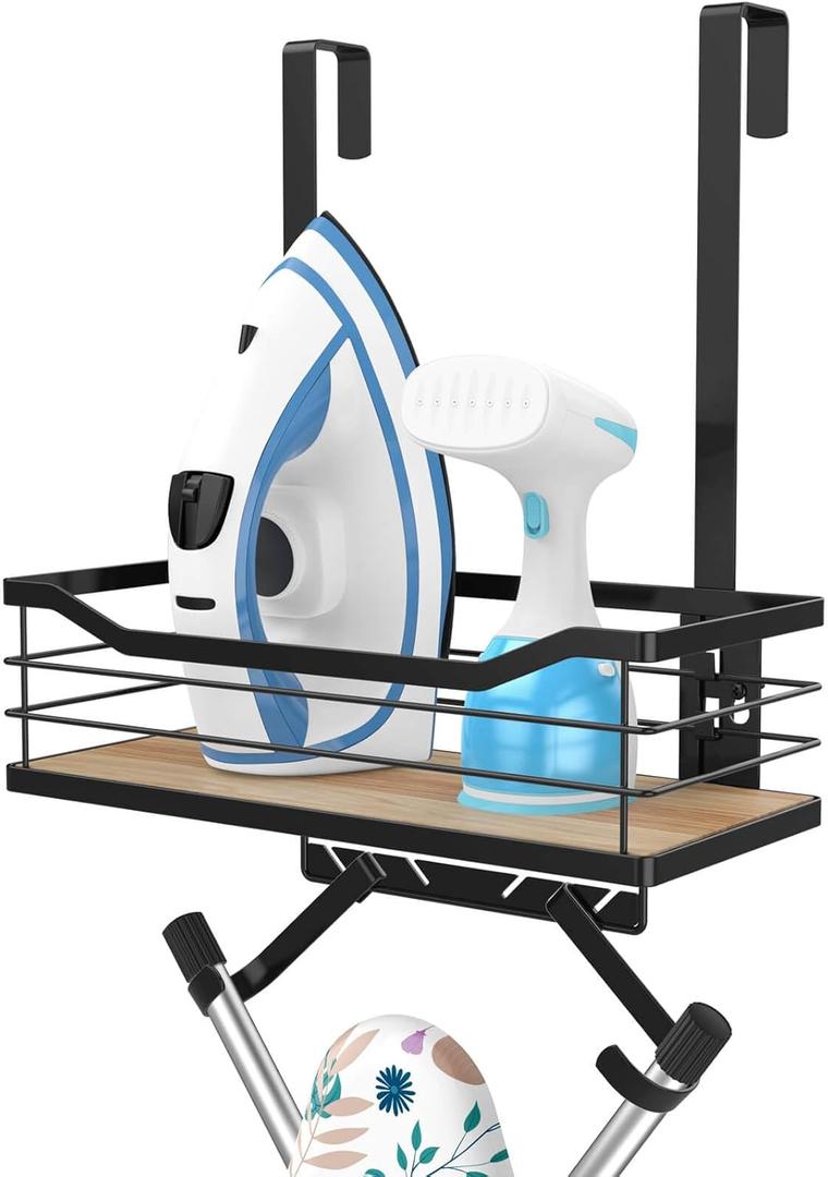 Ironing Board Holder Wall Mount - Laundry Room Organization and Ironing Board Holder Laundry Room Iron and Storage with Large Storage Wooden Base Basket and Removable Hooks(T&V Shaped) 