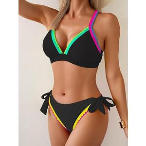 Bikini Sets for Women Floral Two Piece Bathing Suit V Neck Shell Stitched Swimsuit Tie Side Triangle Swimwear, Size Medium, Color: Black, Pink Yellow Color Block