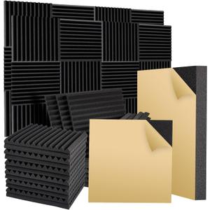 36 Pack Acoustic Foam Panels 12" X 12" X 2" Studio Foam Wedges with Self-Adhesive SoundProof Wall Foam Panels of High Density Fast Expand for Home Studio-Black