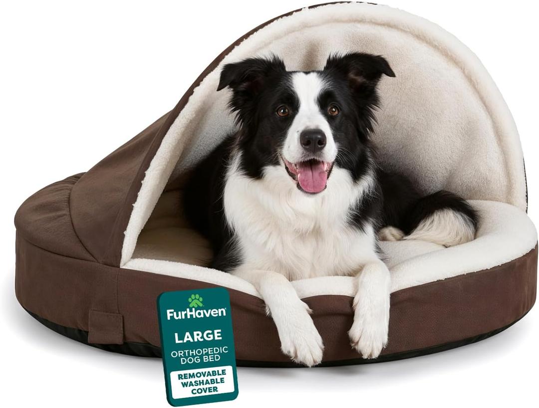 Furhaven 35" Round Orthopedic Dog Bed for Large/Medium Dogs w/ Removable Washable Cover, For Dogs Up to 50 lbs - Sherpa & Suede Snuggery - Espresso, 35-inch