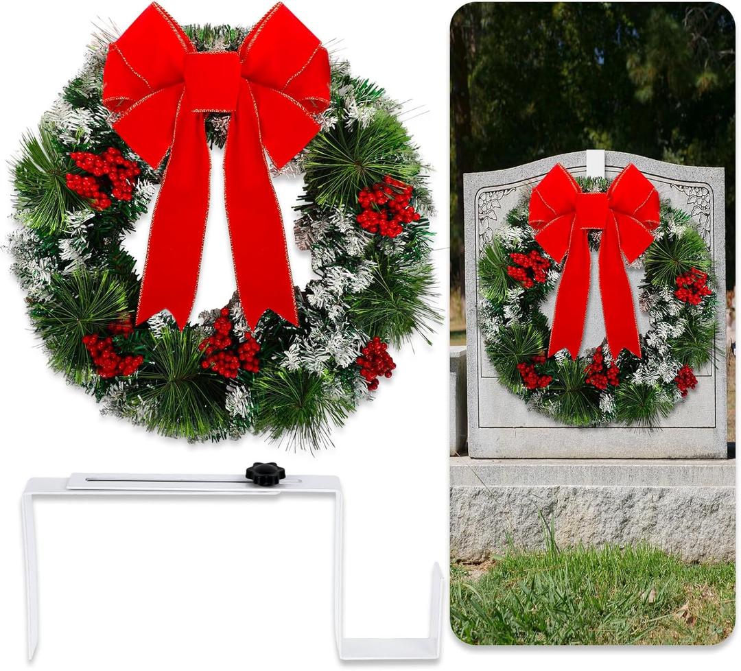 Hotop 2 Pcs Christmas Headstone Wreath Hanger Set for Cemetery Christmas Memorial Wreath for Grave Red Bowknot Natural Pine Cones Red Berries Wreath for Grave Marker Gravestone Decorations