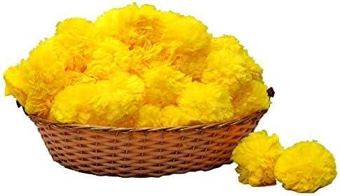 Artificial Marigold Flowers for Diwali Wedding Indian Theme Decorations Home Decoration Photo Prop Festival Pooja Decoration Da de Muertos Day of Dead Decoration (Lemon Yellow, 60)