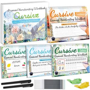 gisgfim 4 Pack Grooved Cursive Handwriting Workbook Kit Magic Reusable Grooved Handwriting Practice with Disappearing Ink Pens Cursive Kickoff Student Workbook for Kids Words Letters Sentences Reading