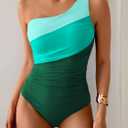 Aidonger One Shoulder One Piece Swimsuit for Women Tummy Control Bathing Suits Color Block Ruched Swim Suit Slimming Swimwear (L)