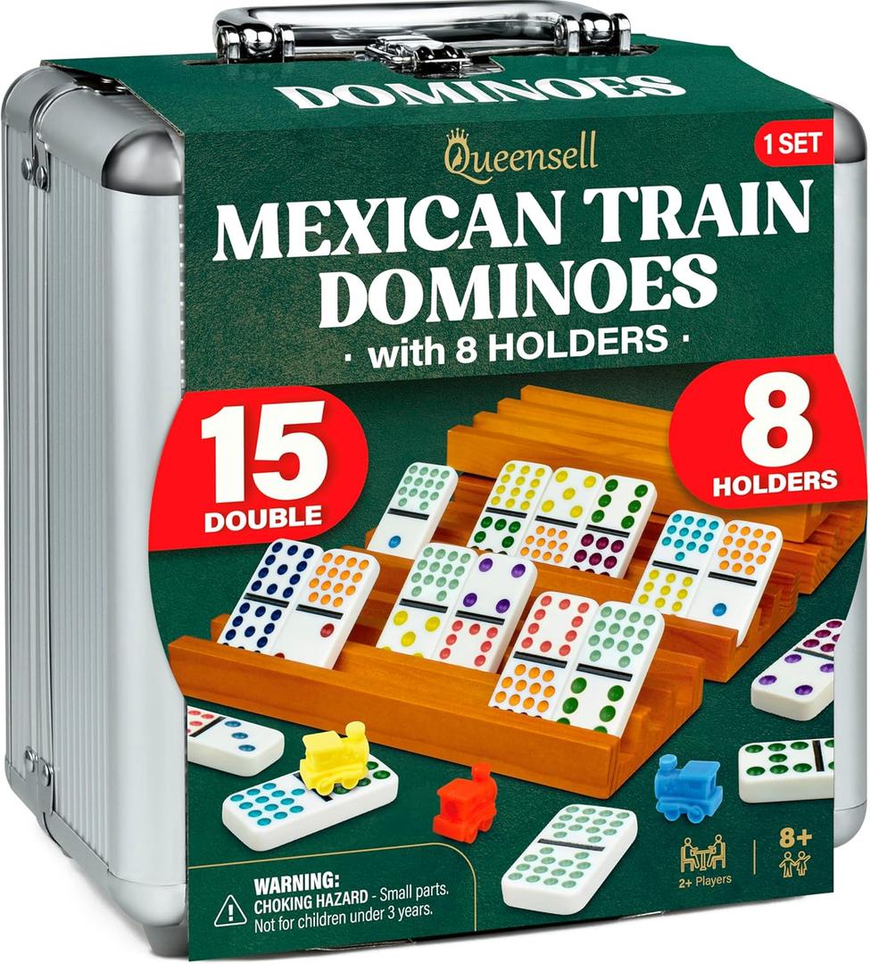 Queensell Mexican Train Dominoes Set Double 15 with 8 Holders - Wooden Hub and Tiles Holders - Double 15 with Dots (D15 + 8 Holders)