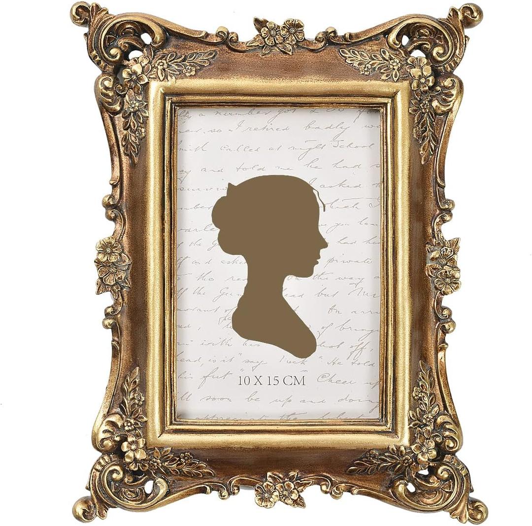 Sunlit Vintage Picture Frame 4x6 Inch, Luxury Antique Photo Frames with Glass Front, Photo Display, Tabletop Wall Hanging, Gift Ideas, Bronze Gold