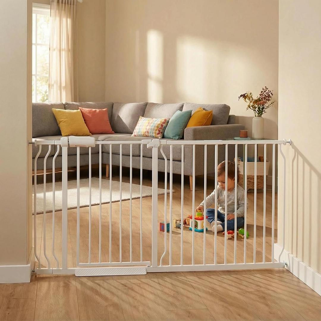 Extra Wide Baby & Dog Gate 62-67 Inch, Pressure Mounted No Drilling, Adjustable Indoor Safety Gate for Stairs & Wide Doorways - Metal Design for Kids and Pets, White
