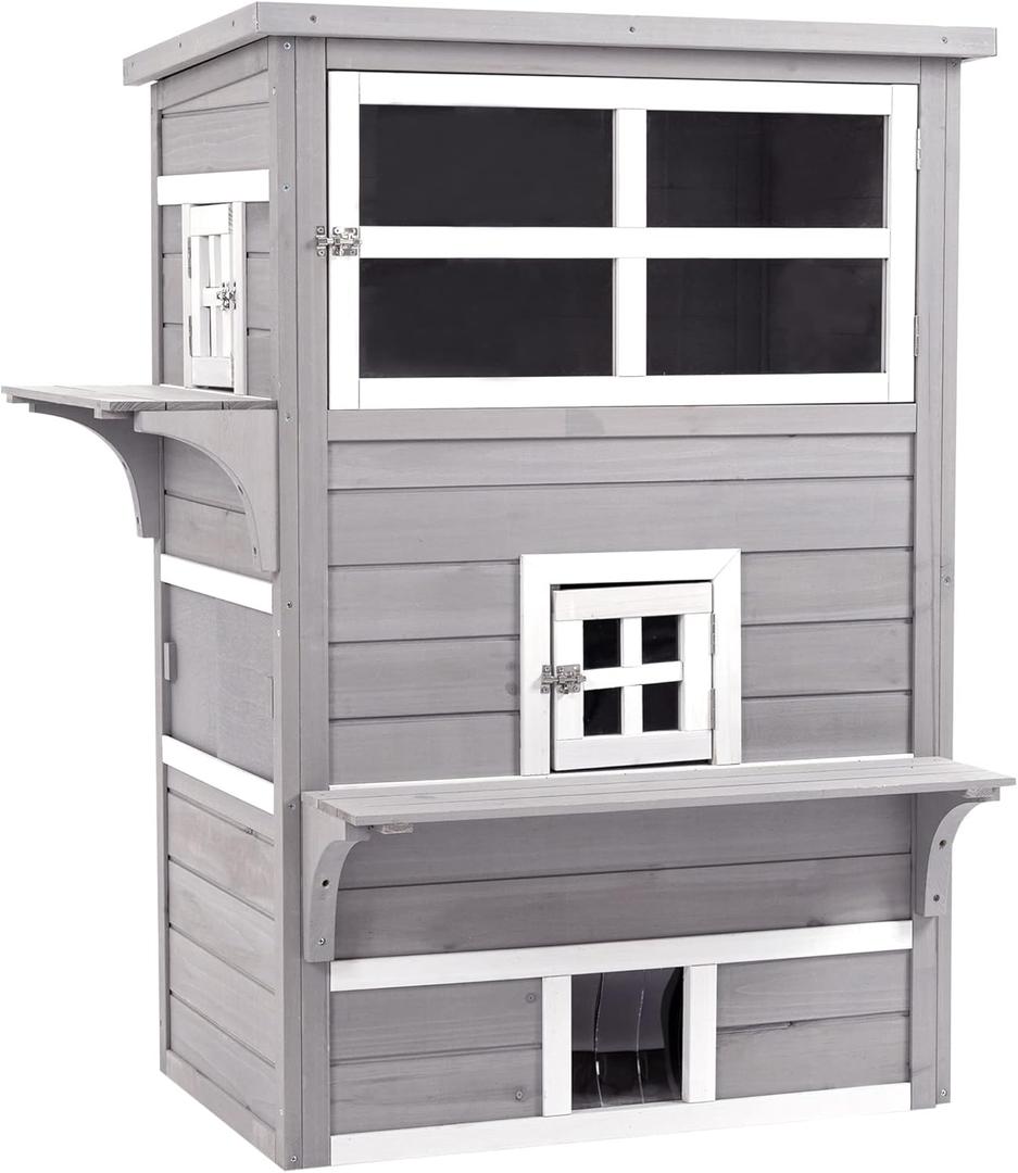 PawHut 3-Story Cat House Feral Cat Shelter, Outdoor Kitten Condo with Raised Floor, Asphalt Roof, Escape Doors, Jumping Platforms, Gray