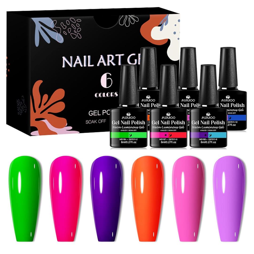 Glows in The Dark Gel Nail Polish Set - 6 Halloween Colors Luminous Neon Nail Gel Polish Set Soak off U V/LED Glow Effect Nail Polish for DIY Nail Art Design Holiday Gifts for Women