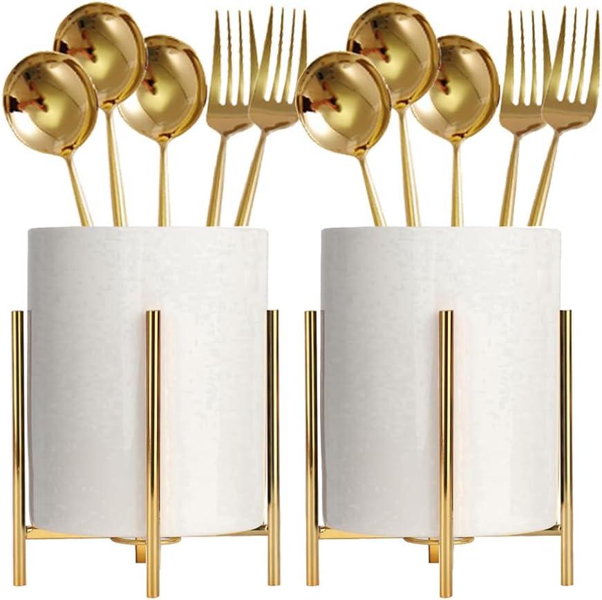 SIEBOLD 2pcs Sturdy Cutlery Holder White Ceramic With Metal Bracket Robust Silverware Caddy For Countertop - Spoon Holder Silverware Caddy