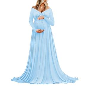 Saslax Maternity Off Shoulders Long Sleeve Half Circle Gown for Baby Shower Photo Props Dress Light Blue 59 Large
