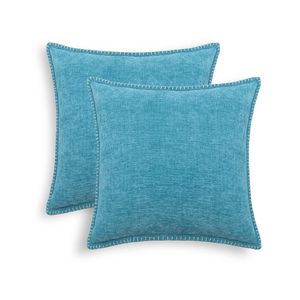 CaliTime Throw Pillow Covers Decorative 18 X 18 Inches Pack of 2 Cotton Thread Stitching Edges Solid Dyed Soft Chenille Cushion Cases for Couch Sofa Bed Living Room Farmhouse Lake Blue