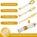 N9R 75 Pack Pre Rolled Gold Plastic Cutlery Set, Wrapped Plastic Silverware Set with 75 Forks, 75 Knives, 75 Spoons and 75 Napkins, Disposable Cutlery Set for Party and Wedding