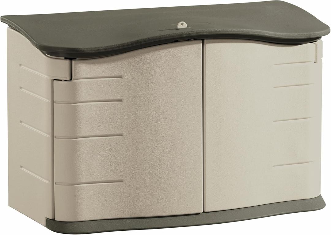 Rubbermaid Small Horizontal Resin Outdoor Storage Shed With Floor (4.5 x 3 Ft) Weather Resistant, Beige/Brown, Organization for Home/Backyard/Pool Chemicals/Toys/Garden Tools/Porch/Patio Cushions