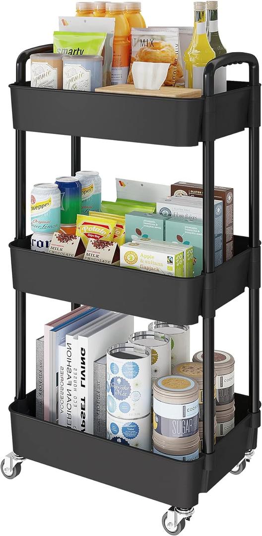 Laiensia 3-Tier Storage Carts,Multifunction Utility Rolling Cart Kitchen Storage Organizer,Mobile Shelving Unit Cart with Lockable Wheels for Bathroom,Laundry,Living Room,With Classified Sticker,Black