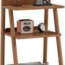 Solid wood End Table with Charging station, 3-Tier Ladder Nightstand,Walnut Rubber Wood Side Table with Open Storage, Heavy Duty Stable Trapezoid Frame Accent Table for Living Room, Bedroom 11.85"D x 20.47"W x 32.17"H