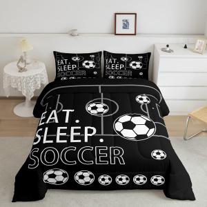 Feelyou Queen Size Soccer Comforter Set Boys Girls Football Bedding Set for Kids Teens Toddler Black White Duvet Set Soccer Ball Game Quilt Set 3Pcs