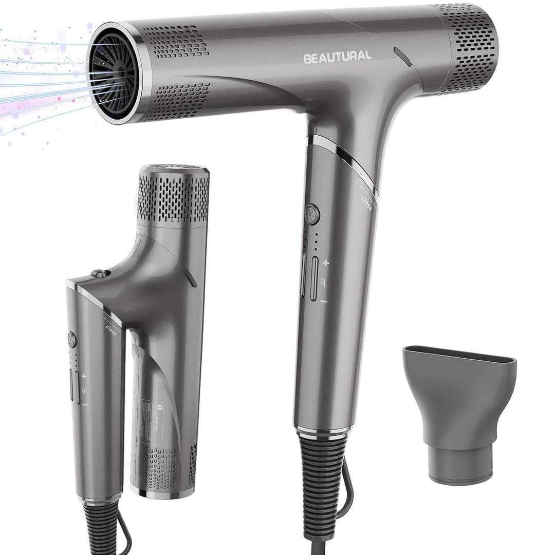 BEAUTURAL Hair Dryer, 1600W High-Speed Foldable Travel Blow Dryer, 110,000 RPM Brushless Motor Million Ionic for Fast Drying & Frizz Control, 3 Temps & 3 Speeds, Dual Voltage for Worldwide Use, Gray