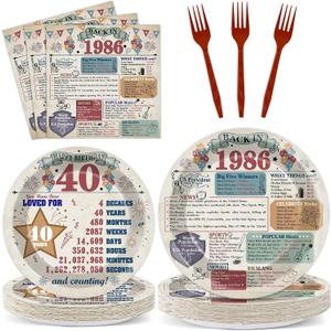 96 Pcs 40th Birthday Party Tableware Set Vintage 40 Year Old Paper Plates Napkins Back in 1986 Dinnerware Set Disposable Cheers to 40 Years Decoration for 24 Guests Men Women 40th Theme Party Supplies